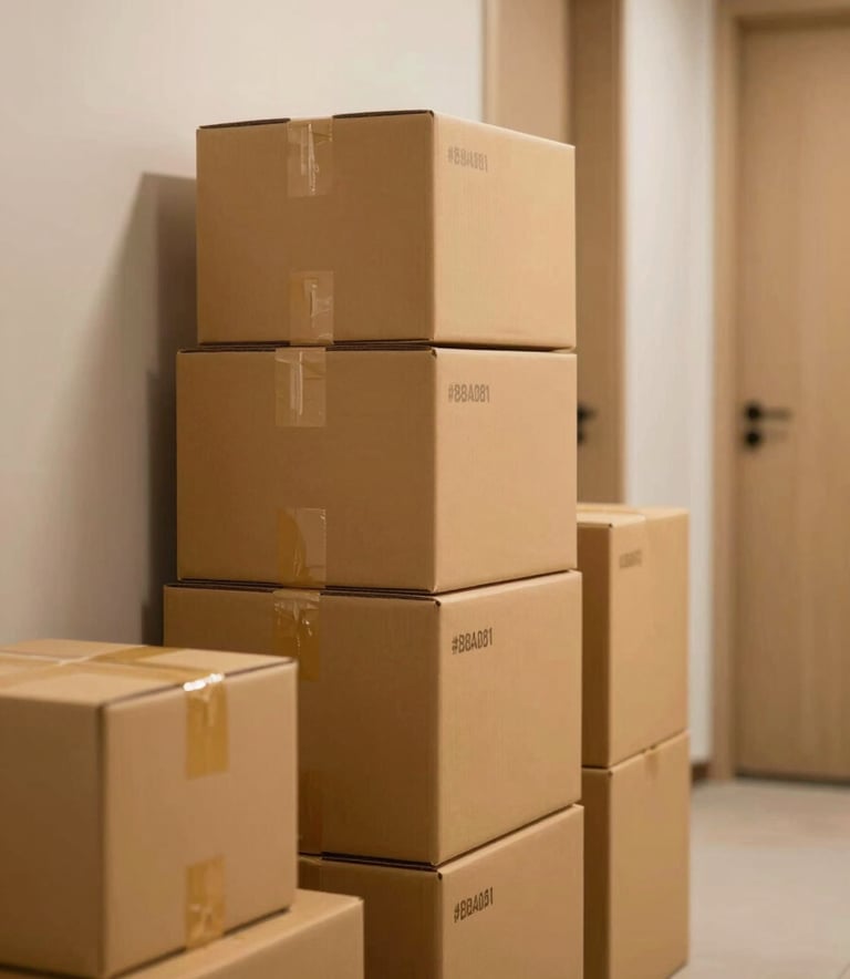 Neatly stacked moving boxes in a modern hallway, featuring a high-quality finish. Some boxes have the company's #B8A081 color on the tape. The lighting is warm and welcoming, suggesting a stress-free start.