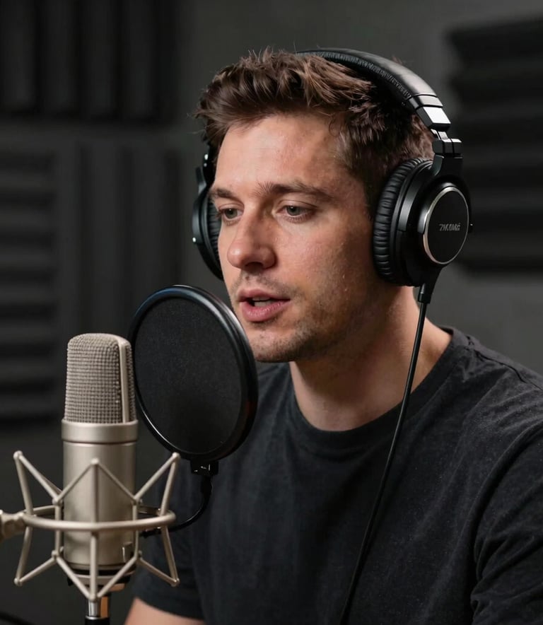 A professional voice talent wearing sleek headphones, speaking into a high-quality studio microphone. Soft focus background of dark acoustic panels. Global / International.
