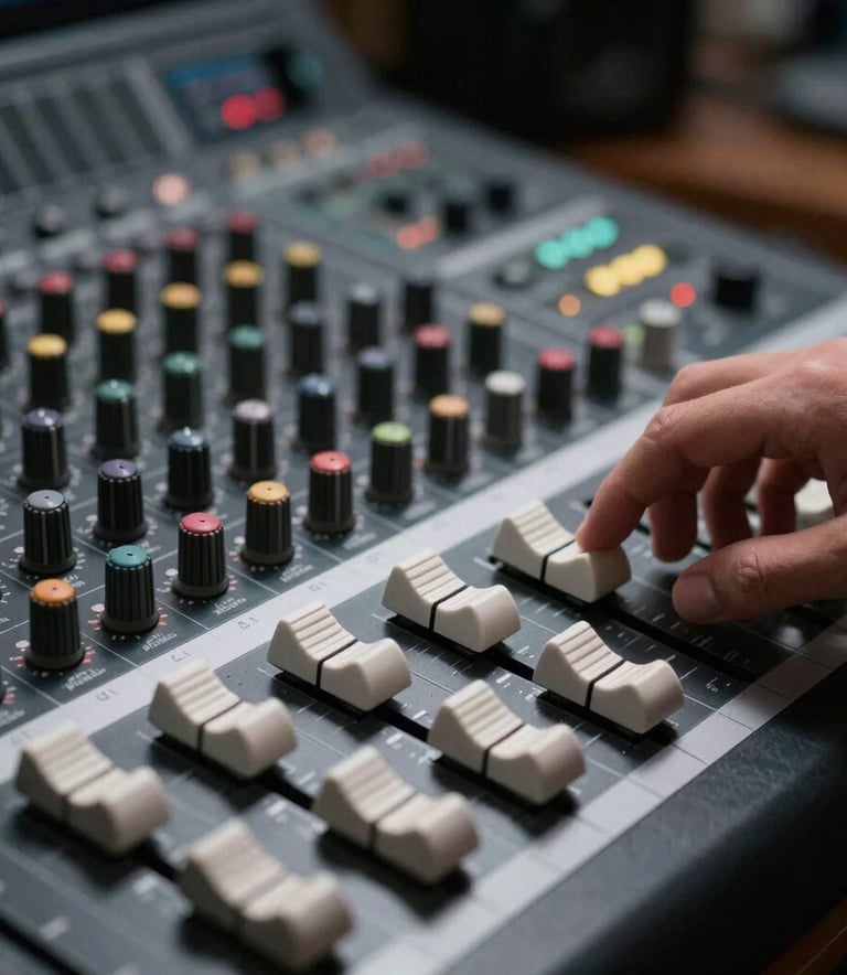 A close-up of a professional sound mixing board in a dimly lit studio. The knobs and faders are touched by crisp white light. Minimalist and tech-forward. Global / International.