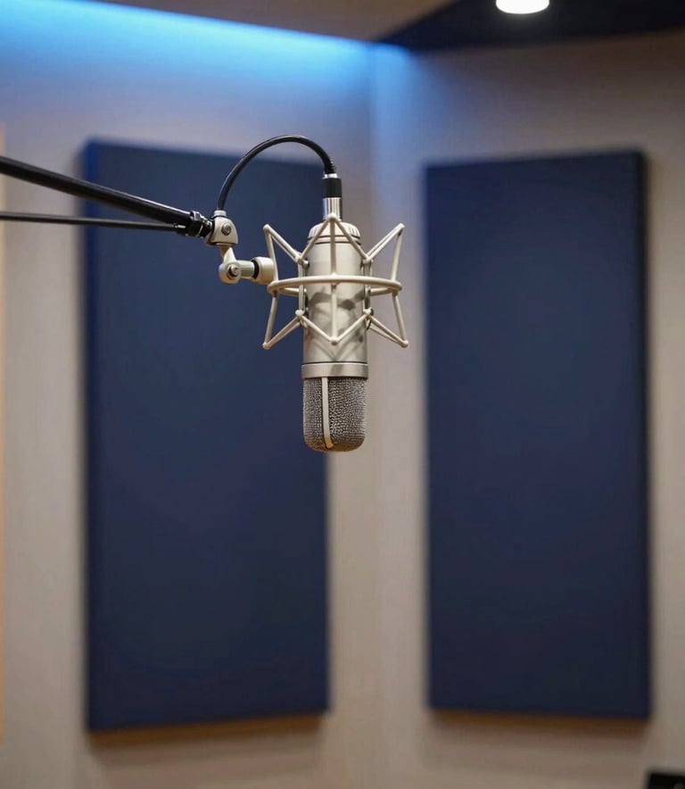 Professional recording studio interior, minimalist design, deep navy blue acoustic panels on walls, high-end condenser microphone on a boom arm, soft sky blue accent lighting, Global / International professional atmosphere.