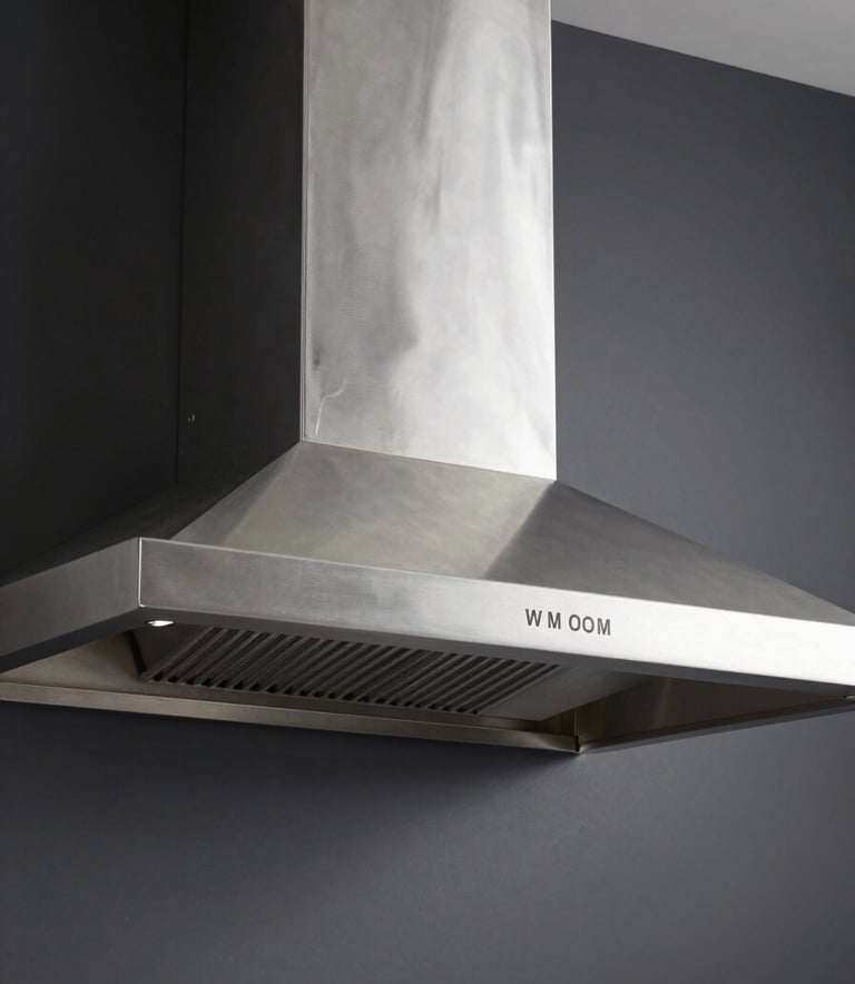 A close-up photograph of a clean, high-end stainless steel kitchen chimney. The lighting is sharp and professional, reflecting off the polished surface. The background is a sophisticated dark charcoal wall, creating a premium and modern aesthetic.