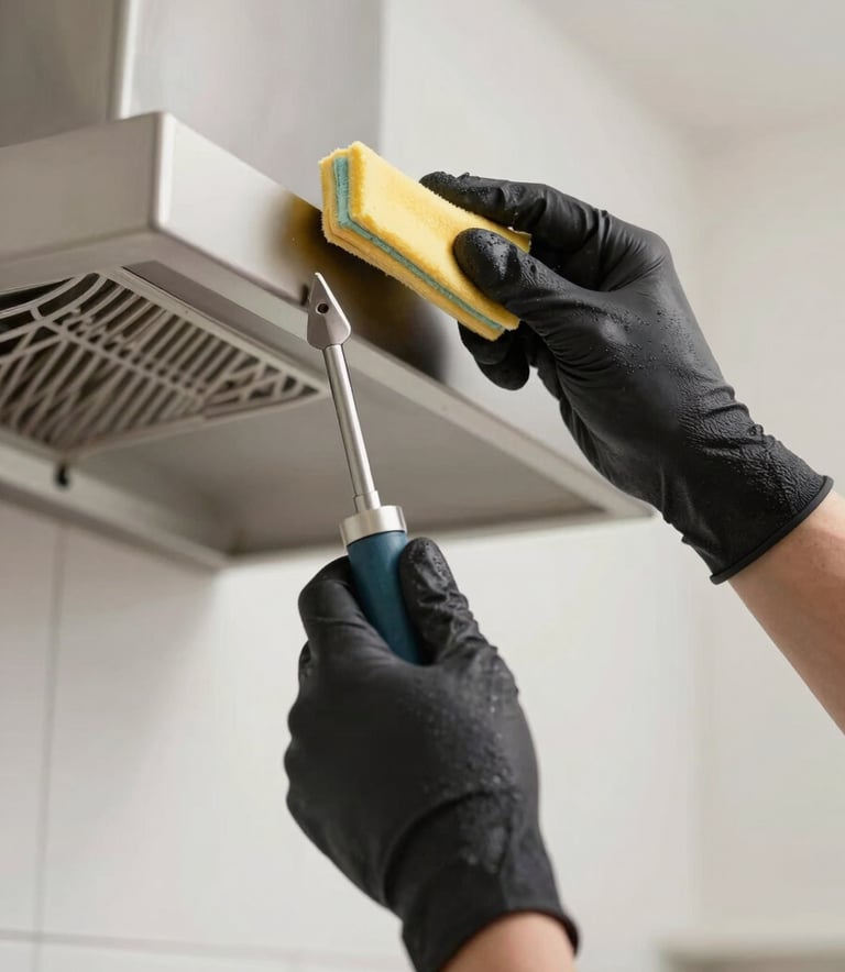 A professional technician wearing dark gloves cleaning a kitchen chimney with specialized tools. The scene is bright and professional, emphasizing a thorough cleaning process.