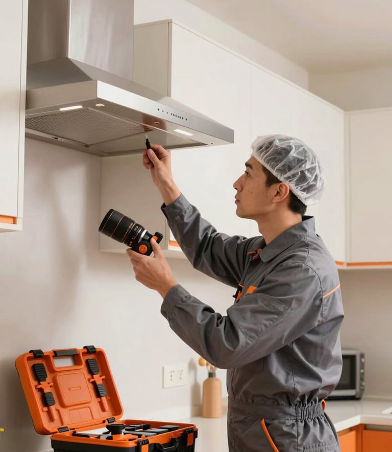 A professional technician wearing a clean slate grey uniform meticulously inspecting a modern kitchen chimney. The setting is a minimalist kitchen with off-white cabinetry and vibrant orange highlights on the technician's professional tool kit.