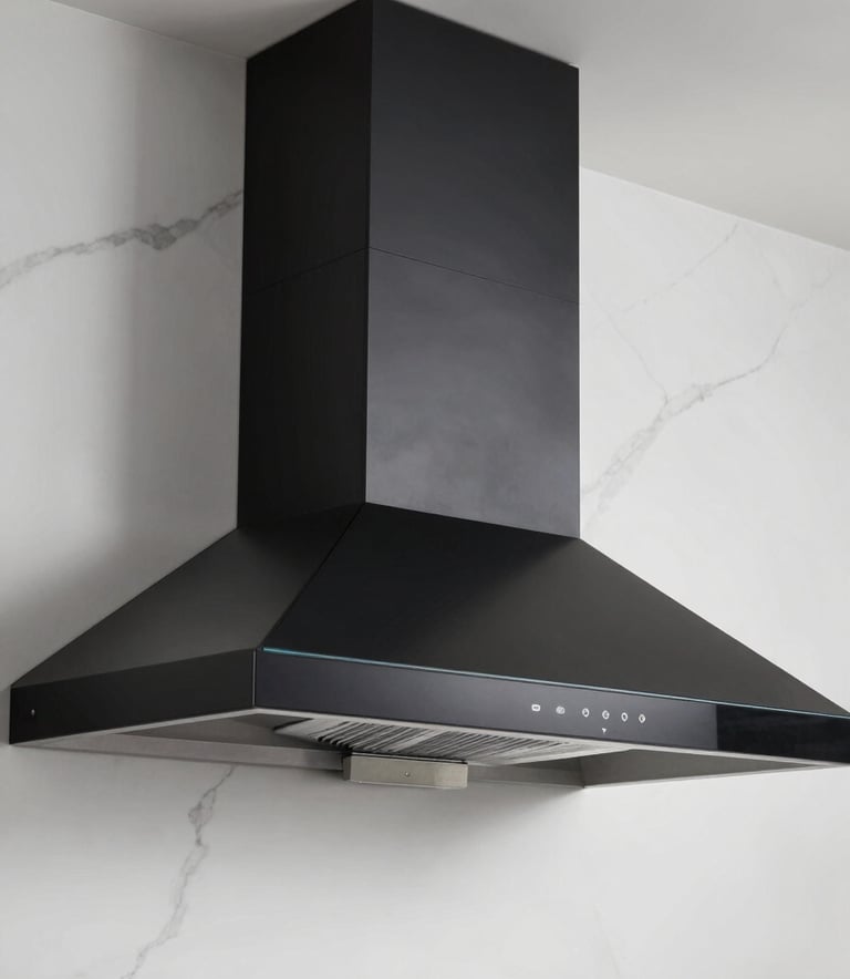 A side-angle professional photograph of a modern black glass kitchen chimney being installed on a white marble wall. The lighting is crisp, highlighting the premium finish of the unit.