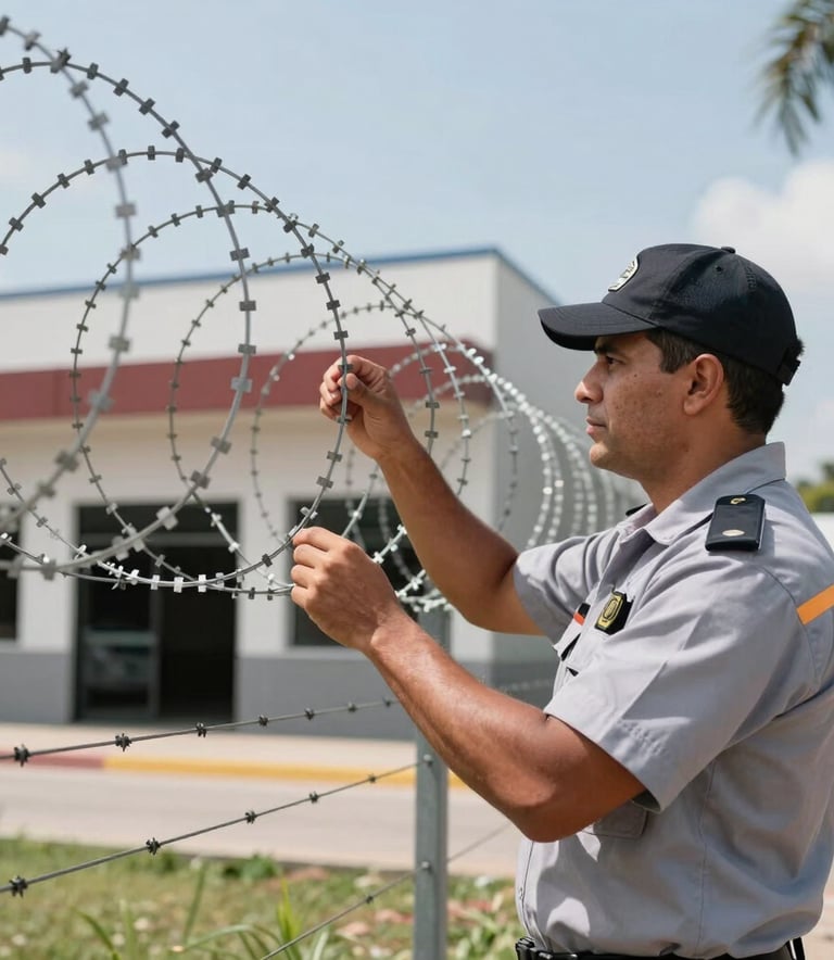 A professional security expert in clean work attire inspecting a concertina wire installation. The setting is a South American commercial building with modern architecture and bright, reliable lighting.
