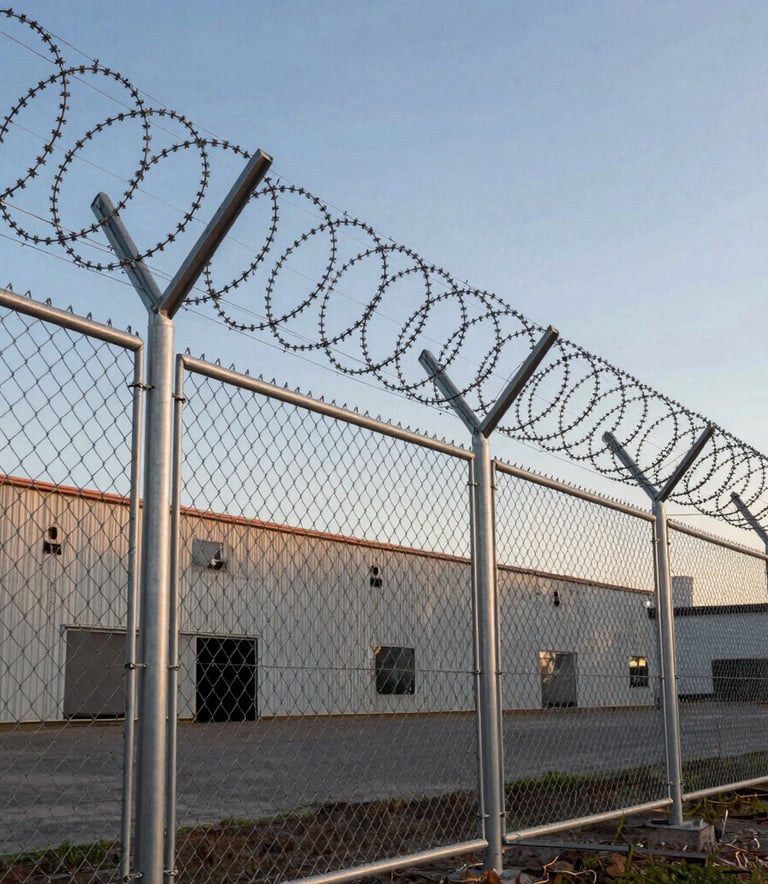 Professional industrial photography of a high-security perimeter fence installation in a South American warehouse district. The scene showcases galvanized chain-link mesh and sharp concertina wire under a clear afternoon sky. Modern, clean composition using silver and dark gray tones.