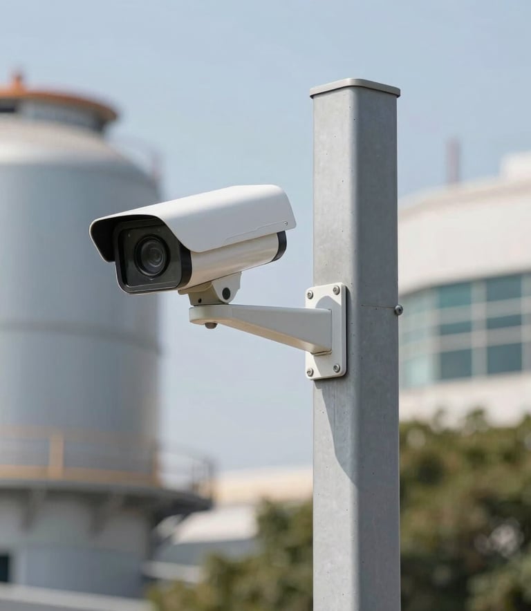 Professional photography of a high-tech security camera mounted on a modern gray metal post, part of a perimeter security system, South American industrial setting, bright daylight.