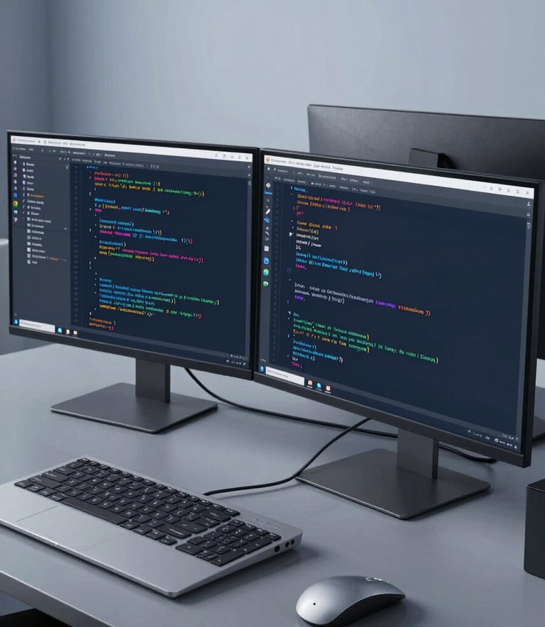 A clean, modern developer workspace with multiple monitors displaying lines of code and Android Studio, a slate blue and grayish blue atmosphere, professional and efficient, Global / Tech-focused.