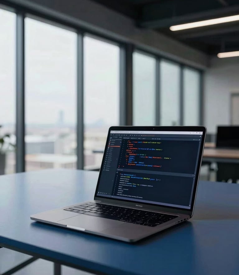 A wide photography shot of a professional, minimalist workspace in a modern building. A high-end laptop on a slate blue desk displays a clean code editor. The background shows large glass windows and soft ambient light in near white and dark navy. Global / Tech-focused.