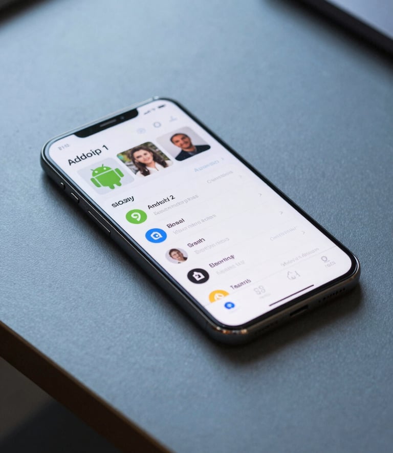 A high-end smartphone lying on a minimalist slate blue desk, showcasing a crisp and user-friendly Android application interface, professional lighting, Global / Tech-focused.