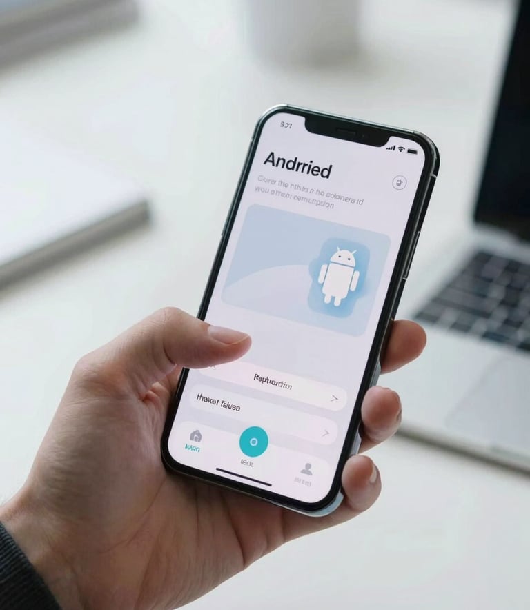 A close-up of a person holding a sleek, modern smartphone, interacting with a fluid and minimalist Android user interface. The setting is a bright, high-tech office with a professional atmosphere. The lighting is crisp and clear, using colors like near white and light blue-grey. Global / Tech-focused.