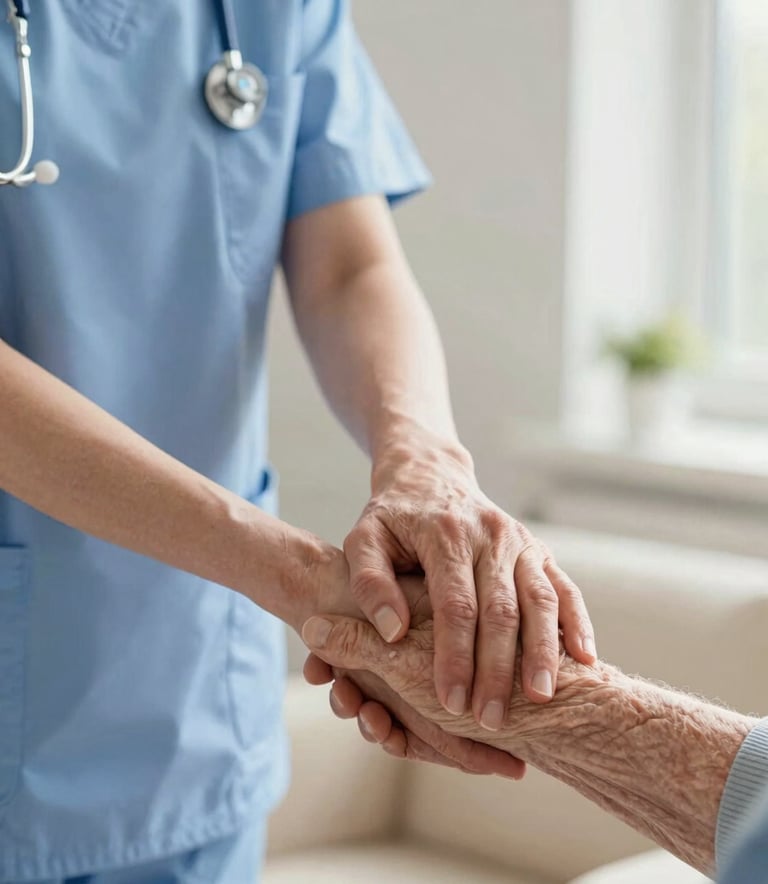 A close-up of a senior care assistant in a light blue uniform holding the hand of an elderly resident in a modern, sunlit British care home setting, representing trust and compassion.