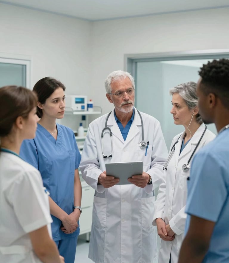A diverse group of healthcare professionals in professional attire engaged in a clinical briefing within a clean, high-specification Northern European medical facility.