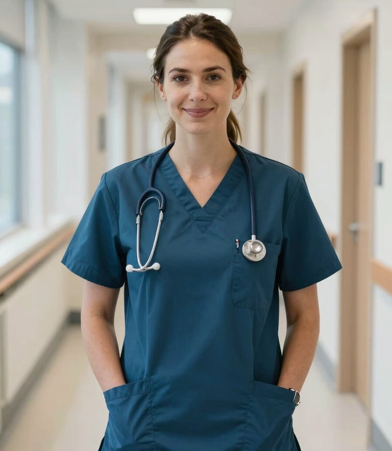 A professional portrait of a registered nurse in dark slate teal scrubs, standing in a bright, modern British healthcare facility corridor, soft natural lighting, clean and professional photography style.