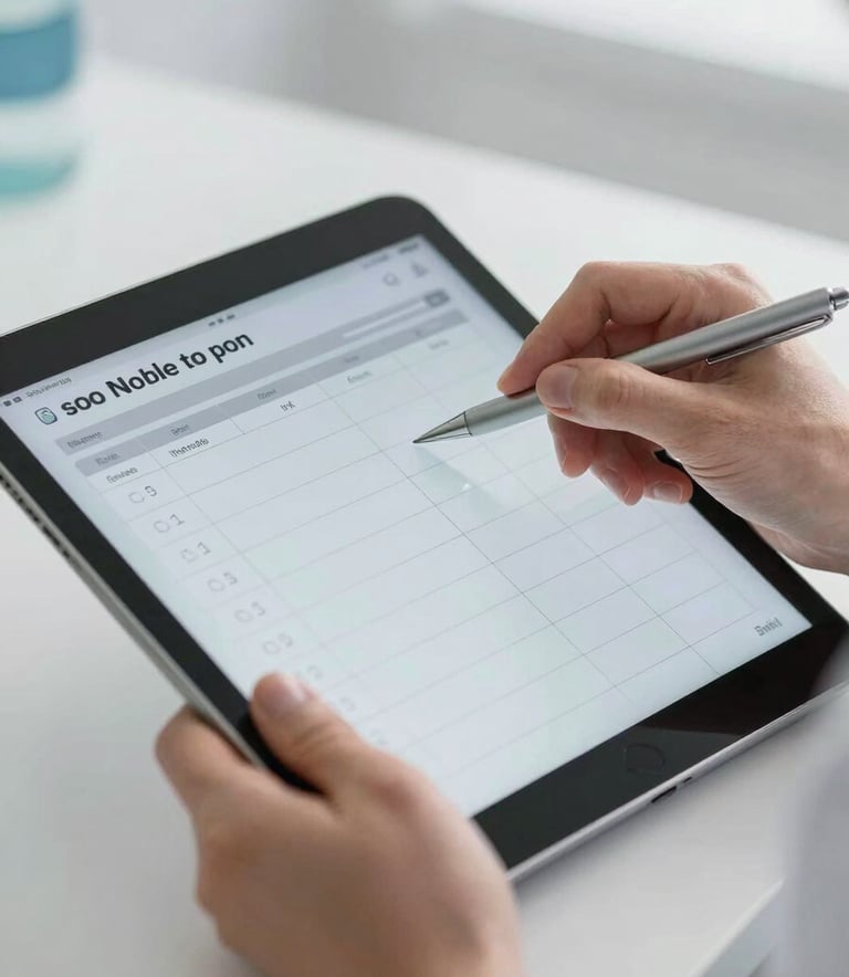 A close-up of a healthcare professional’s hands using a tablet to manage shift schedules, set against a crisp white-grey background in a professional Northern European clinic setting.