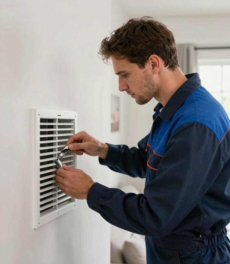 Professional HVAC technician in a clean uniform inspecting a vent in a modern North American / US living room, with a color palette of deep navy and sky blue accents.