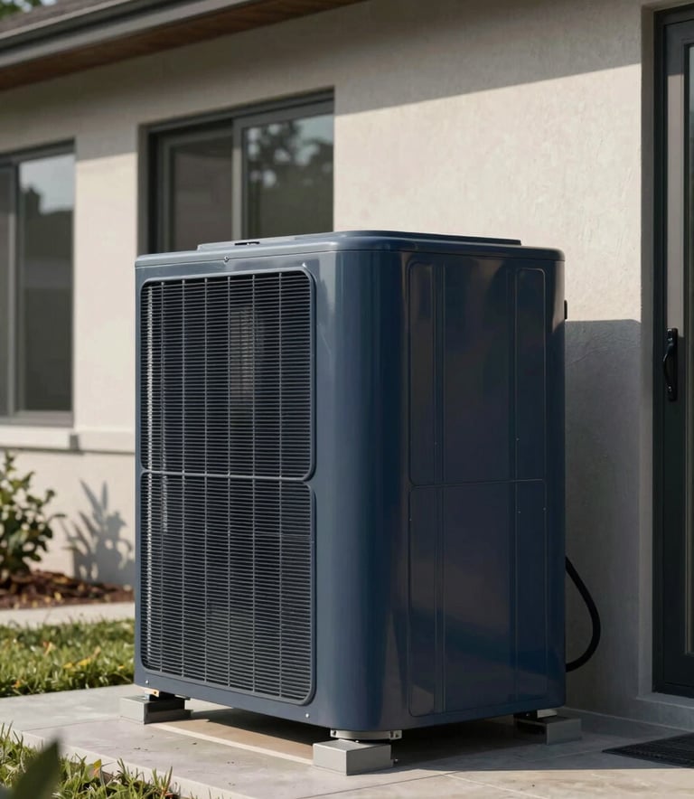 A sleek outdoor air conditioning unit installed next to a modern North American / US house, professional installation with clean deep navy shadows.