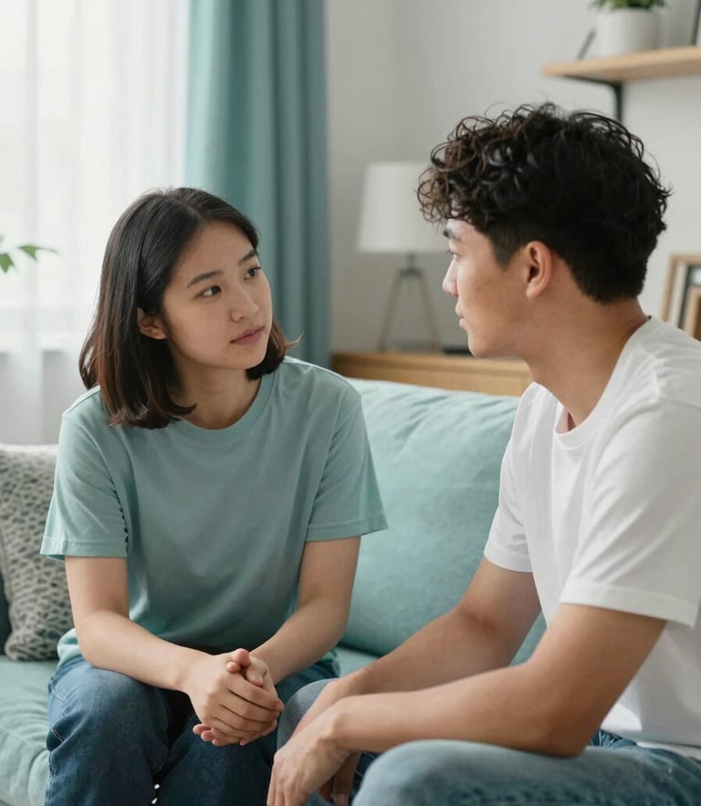 A compassionate mentor and a young adult in a heartfelt conversation in a modern North American / US living room. The room is filled with soft natural light and decorated with soft aqua and mist-colored accents. The mood is empowering and calm.