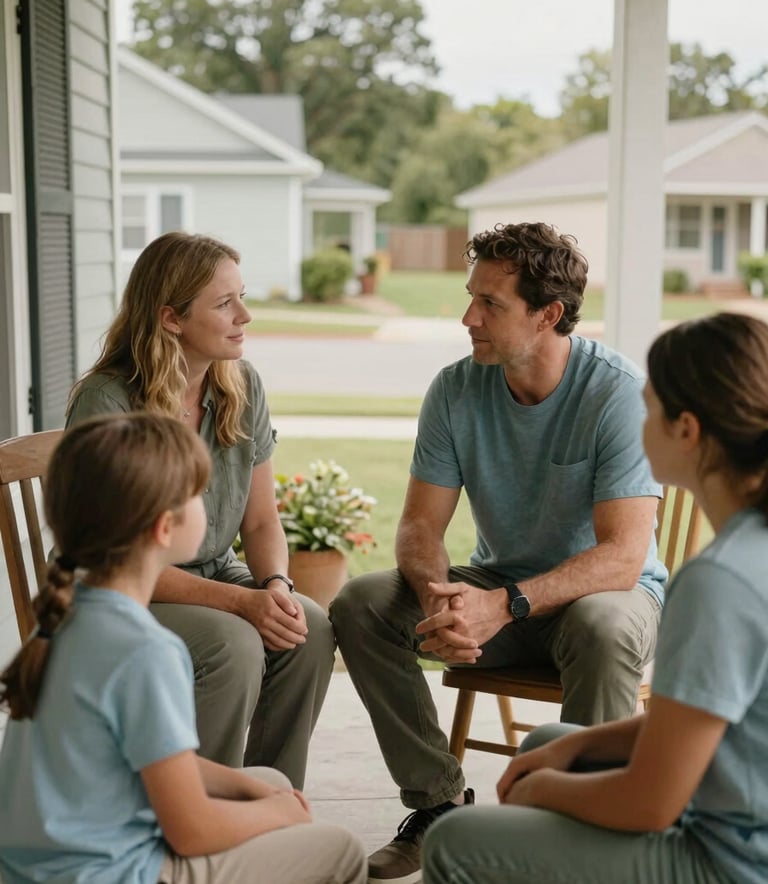 A family sitting together on a porch in a North American / US neighborhood, engaged in a supportive conversation. The scene is warm and empowering, featuring muted seaweed green and soft sky blue clothing.