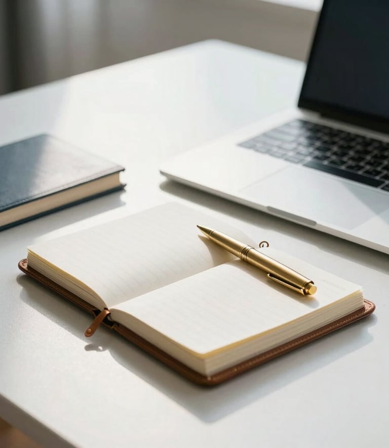 A close-up photograph of a minimalist, organized desk in a North American professional home office. A silver laptop, a leather-bound planner, and a gold pen are arranged neatly. The lighting is bright and natural, reflecting an efficient and sophisticated mood with soft muted blue and white tones.