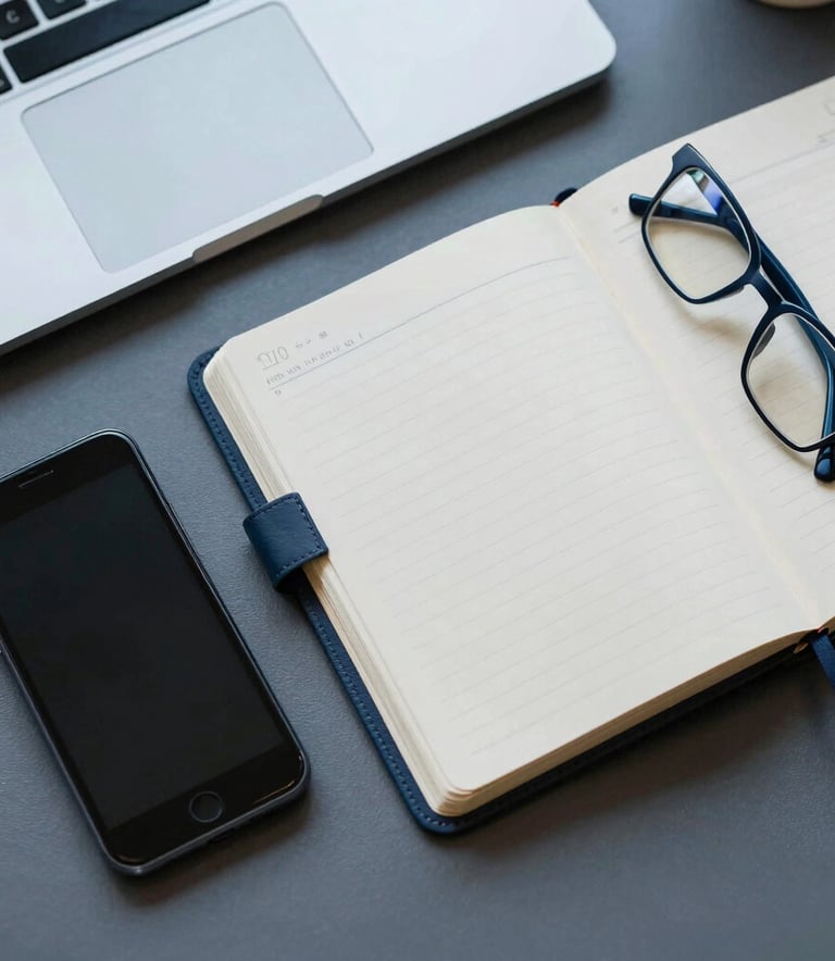 A top-down aesthetic shot of a organized desktop in a North American corporate setting. Features a modern smartphone, an open leather-bound planner, and a pair of professional glasses. The color palette includes muted blue and steel blue accents, conveying a sense of order and reliability.
