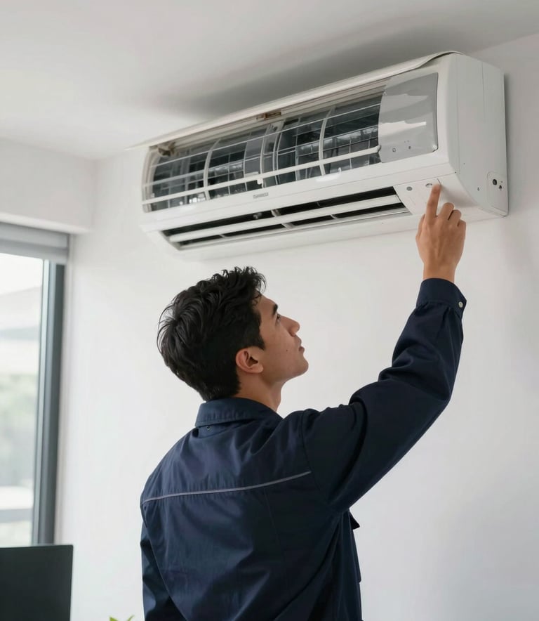 A professional South American technician in a clean dark navy blue uniform inspecting a modern wall-mounted air conditioning unit in a bright, modern office. The lighting is soft and natural, emphasizing a clean and professional atmosphere.