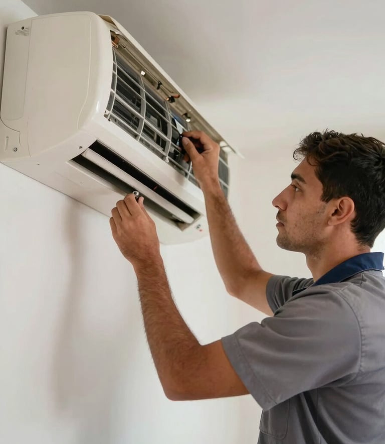 A professional technician wearing a neat uniform installing a split system air conditioner in a South American apartment, focusing on precision and clean workmanship, soft daylight, professional mood.