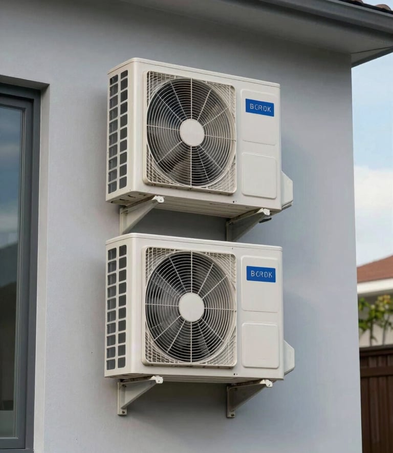 Photography of a modern South American home exterior with a neatly installed external air conditioning condenser unit. The setting is clean, with light gray walls and clear blue sky, reflecting efficiency and professional installation.