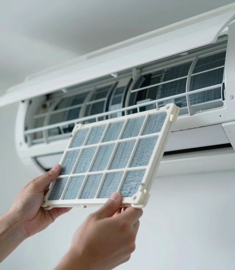 A close-up photograph of a clean, modern air conditioning filter being carefully inspected by a technician's hands, in a bright, professionally lit South American home setting, with soft muted blue and white tones.