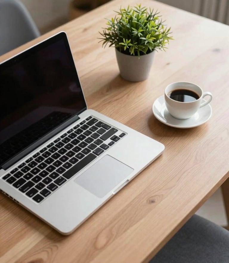 A high-angle photography shot of a clean, minimalist wooden desk in a North American / US setting. A laptop, a cup of coffee, and a small green plant are arranged neatly. The lighting is soft and professional.