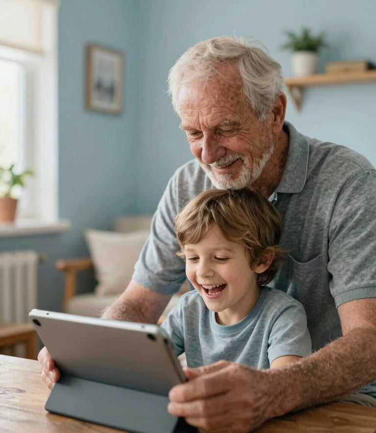 A heartwarming scene in an Eastern European / Croatian home where an elderly person and a child are laughing together while playing a game on a tablet, soft daylight and light blue home decor.