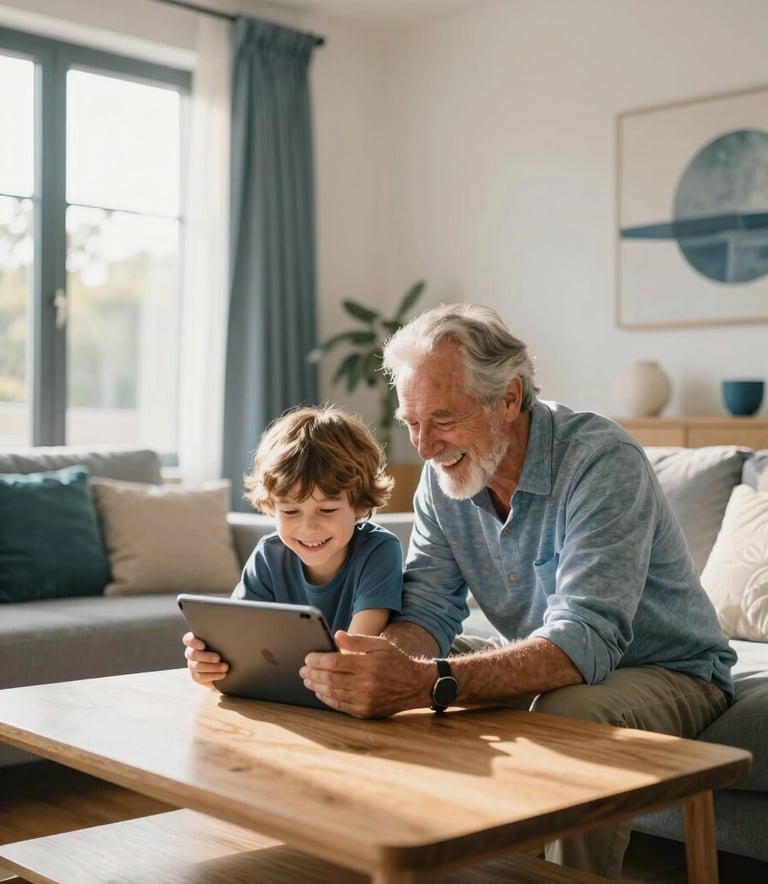 Photography of a cozy, modern living room in Croatia. A grandfather and grandson are laughing together while interacting with a tablet. Warm morning sunlight filters through large windows, highlighting natural wood furniture and soft blue decor accents.