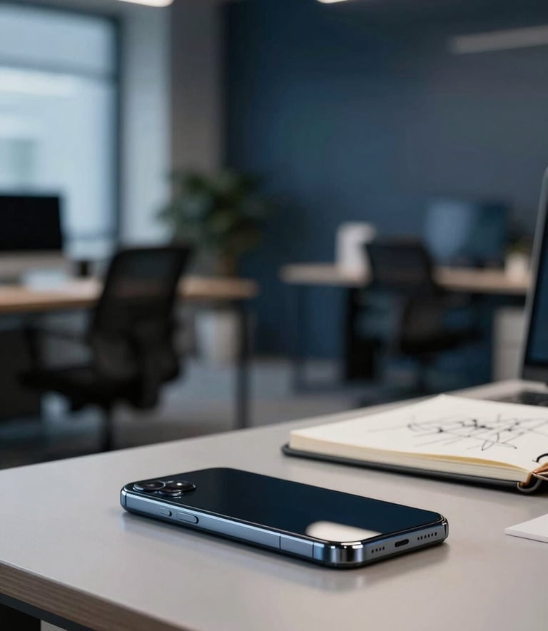 Close-up photography of a professional tech workspace in Zagreb. A high-end smartphone rests on a minimalist desk next to a sketchbook. In the blurred background, a modern office space features steel blue and dark navy navy blue tones with soft, professional lighting.