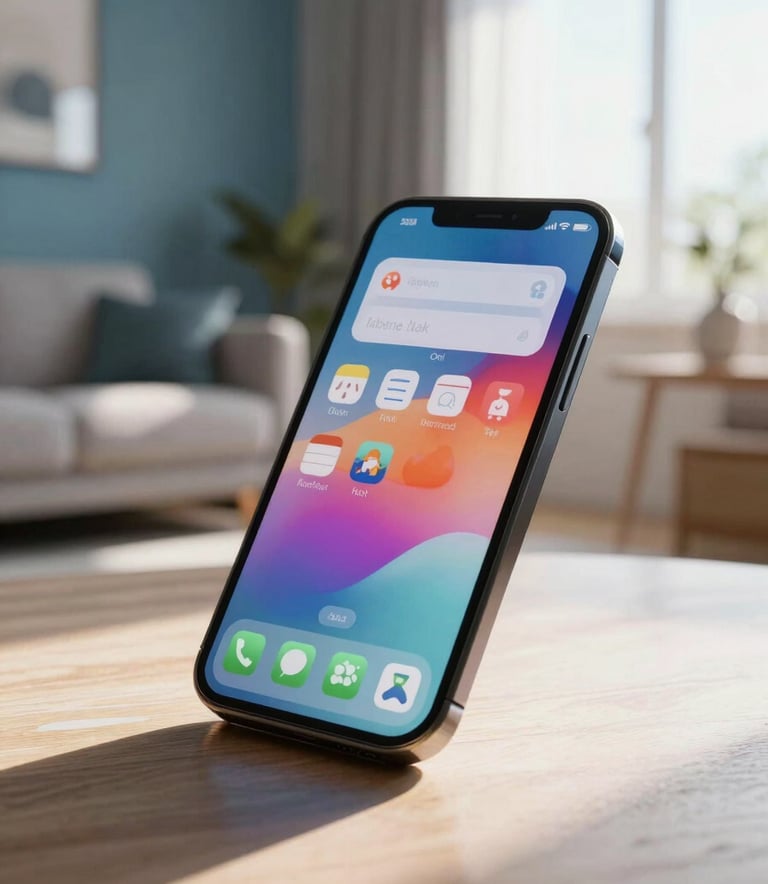 A close-up photograph in a modern Eastern European / Croatian living room showing a smartphone displaying a colorful and playful user interface, natural sunlight streaming in, soft blue color palette in the background.