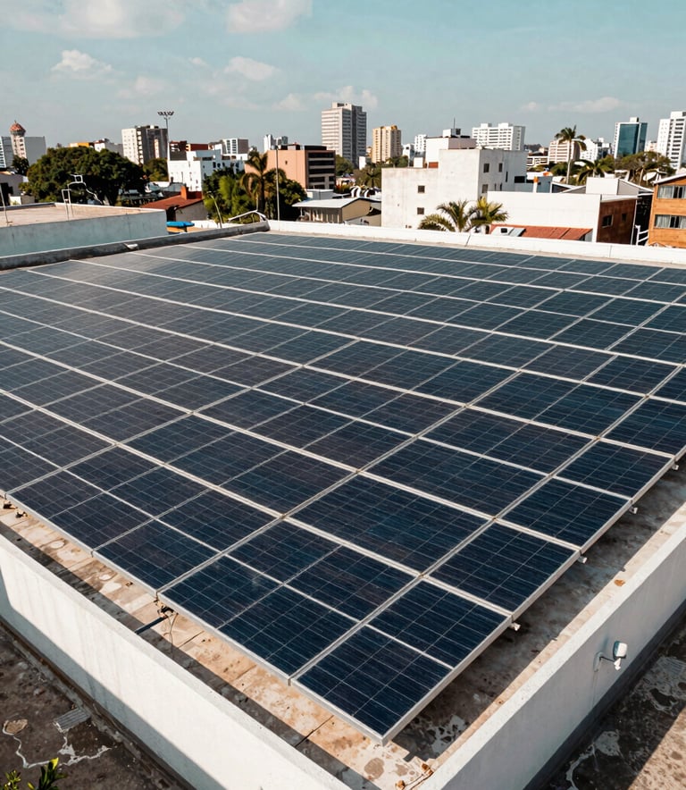 Wide-angle photograph of a large-scale commercial solar panel installation on a rooftop in a sunlit South American city. The panels are organized in rows, reflecting the bright sky. The aesthetic is clean and modern, with deep dark blue and soft teal tones throughout the scene.
