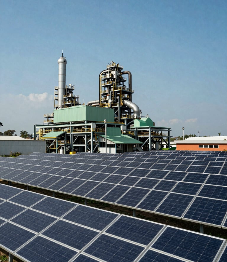 Photography of an industrial park in Colombia featuring a sophisticated solar array integrated into its architecture. The scene conveys reliability and forward-thinking energy solutions under a clear blue sky, using a palette of dark blue and light green.