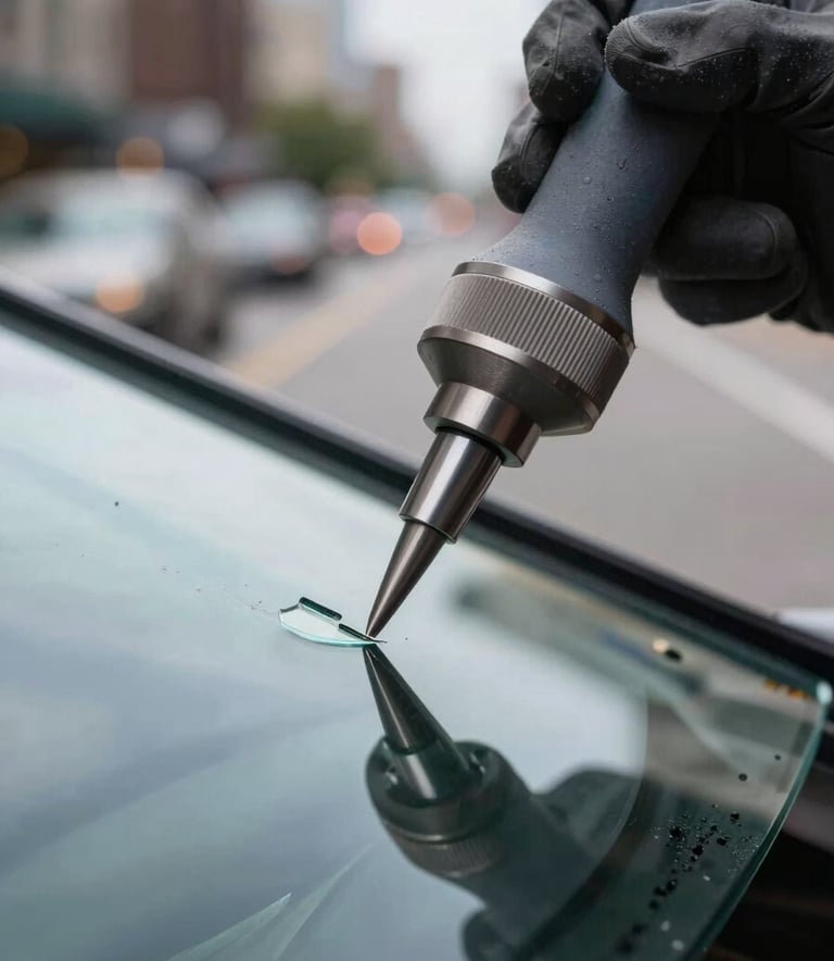 Close-up photography of a specialized resin injection tool repairing a small chip on a windshield. The focus is sharp on the transparent glass, with a soft-focus North American / US city street in the background, daytime.