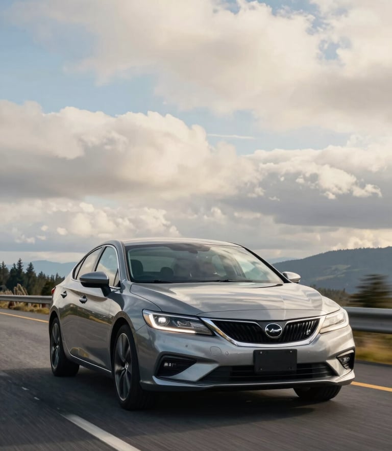 A high-end sedan driving on a scenic highway in the Pacific Northwest, North American / US. The windshield is perfectly clear, reflecting a sky blue and off-white clouded horizon. The shot is dynamic and professional, with natural lighting.