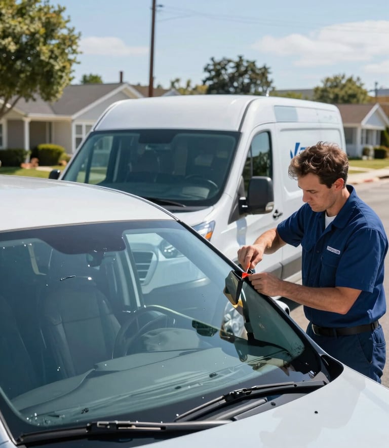 A professional mobile auto glass service van with subtle branding parked on a clean North American suburban street. A technician in a professional uniform is preparing tools next to a vehicle with a damaged windshield. Bright, natural daylight, modern and trustworthy atmosphere. Colors include sky blue and dark blue accents.