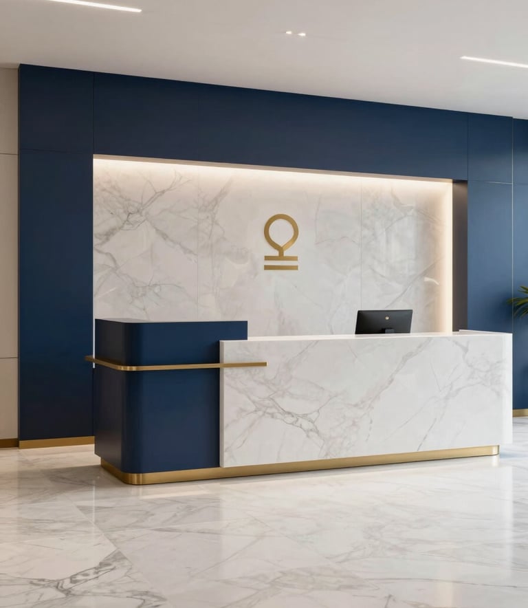 A modern, minimalist law office reception area. Soft off-white marble floors, midnight blue architectural details, and a soft gold brand logo discreetly placed on a textured wall. Professional, clean, and highly sophisticated interior photography.