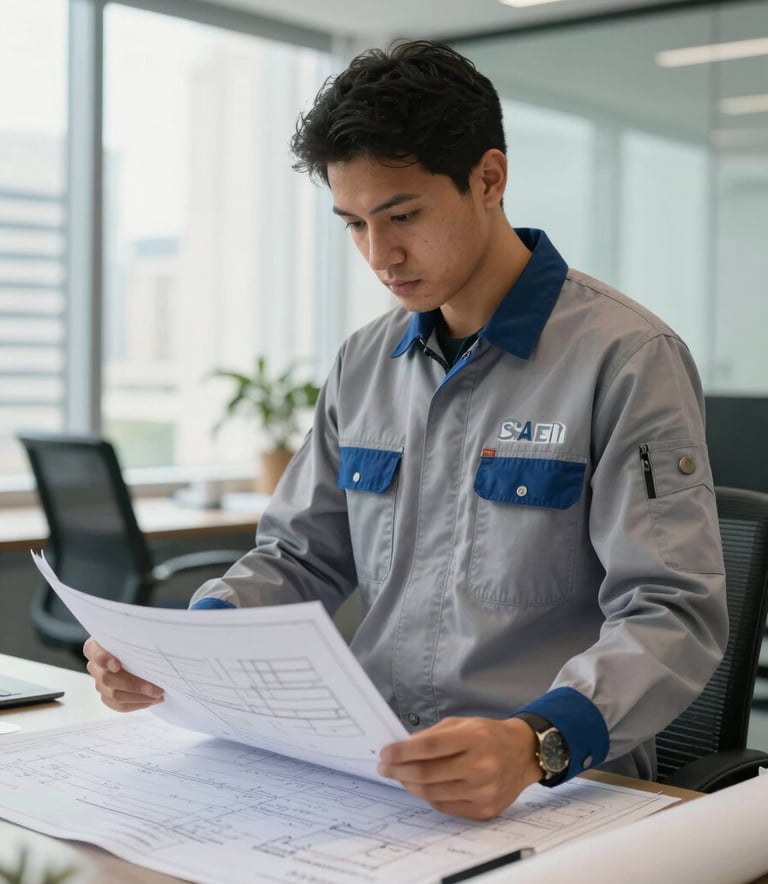 A professional South American / Brazilian engineer in a soft grey and muted blue uniform reviewing blueprints in a bright, modern corporate office in São Paulo. The atmosphere is professional and innovative.