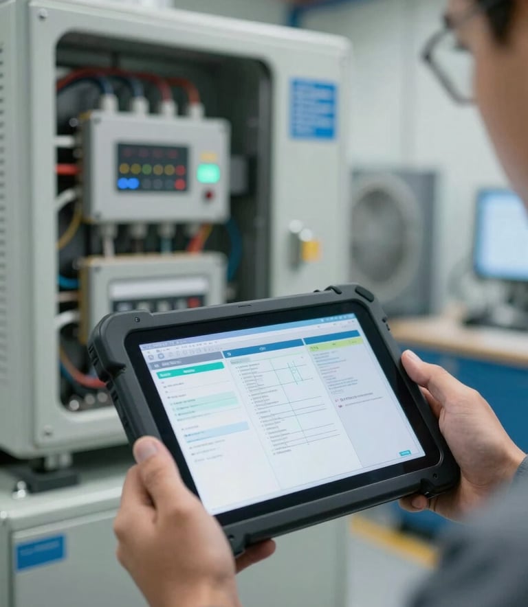 A close-up of a South American / Brazilian engineer's hands holding a professional diagnostic tablet showing technical data. In the background, there is a complex HVAC and electrical system in a modern facility with Soft Grey and Muted Blue industrial accents.