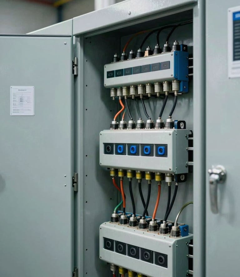 Detailed view of complex electrical panels and industrial sensors in a clean South American / Brazilian facility, showcasing technical expertise, in shades of steel blue and mist grey.