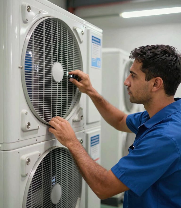 A close-up of a professional in a South American / Brazilian industrial setting inspecting a large HVAC chiller unit, bright and clean lighting, professional atmosphere.