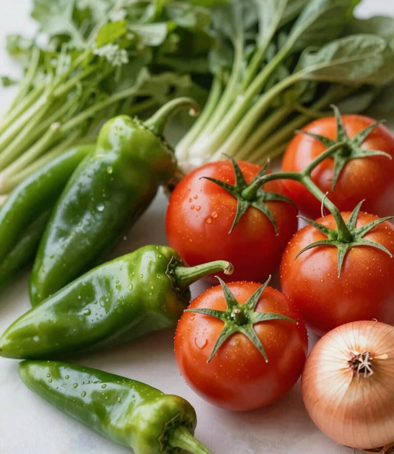 A high-angle, professional photograph of a variety of fresh vegetables including green chilies, tomatoes, and onions arranged on a clean, light surface. The lighting is bright and fresh, reflecting brand values of reliability and trust. Subtle color accents of #4C7F60 are visible in the foliage.
