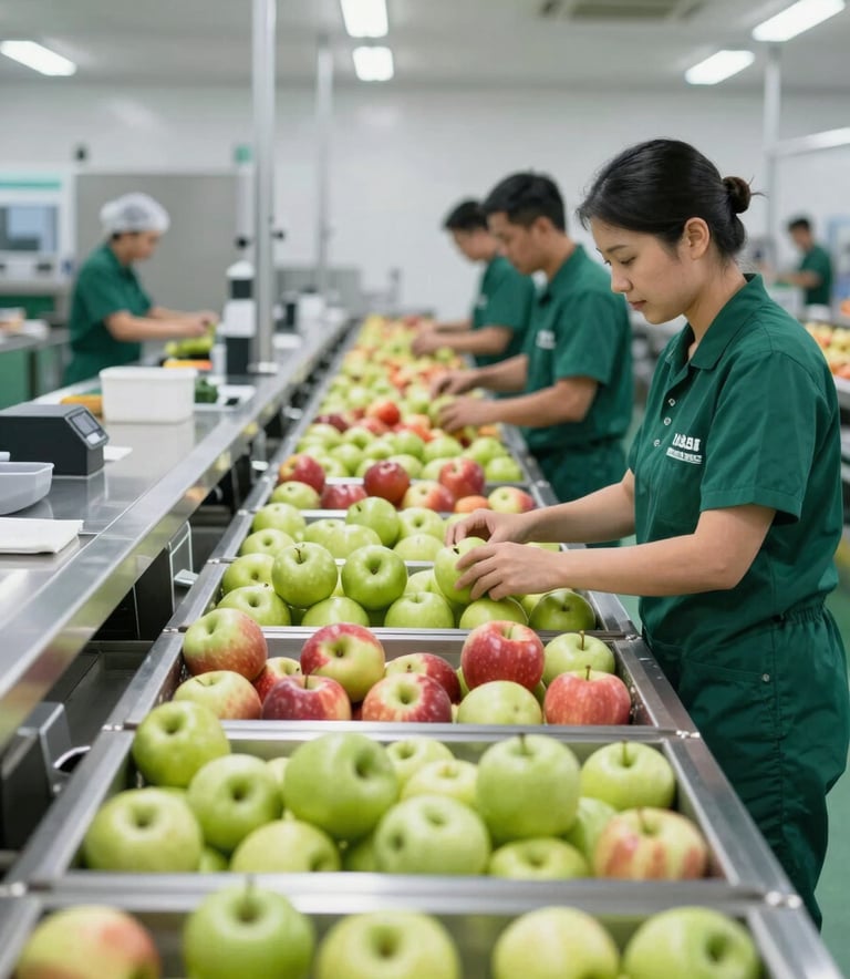 A wide, clean shot of a modern, professional fruit sorting facility. Bright, even lighting highlights the hygienic stainless steel surfaces and vibrant green and red apples being graded. The atmosphere is efficient and professional, incorporating the brand colors #1A3B2B and #4C7F60 in the background equipment and staff uniforms.
