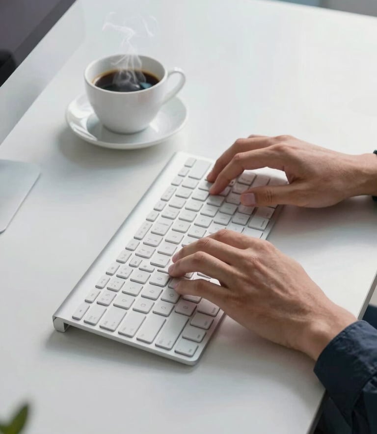A high-angle shot of a person’s hands typing on a modern keyboard next to a steaming cup of coffee. The desk surface is a polished mist white, surrounded by subtle sky blue office accents.