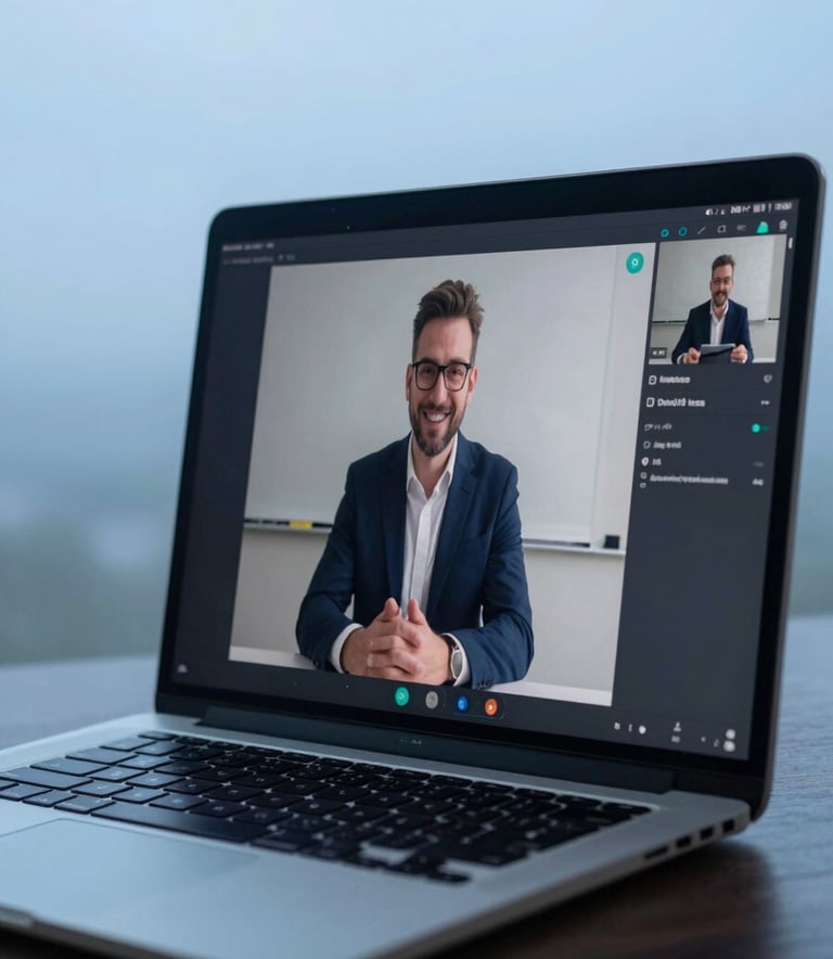 A close-up photograph of a professional laptop screen showing a live video training session with a friendly mentor. The scene is bathed in soft sky blue and mist lighting, conveying a sense of empowerment and learning.