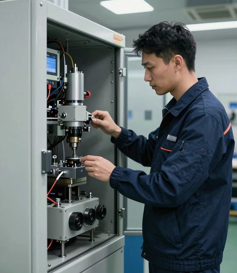 A professional engineer in a modern Turkish / Anatolian industrial workshop inspecting a complex automation panel, focus on precision and cutting-edge technology, Dark Navy Blue and Steel Blue tones, clean lighting, high resolution photography.