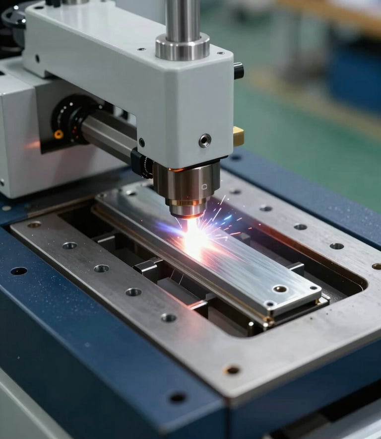 Close up of a high frequency welding card component inside a modern Turkish / Anatolian manufacturing facility, showing precision engineering, Light Steel Gray and Dark Navy Blue mood, industrial reliability, sharp focus, professional photography.